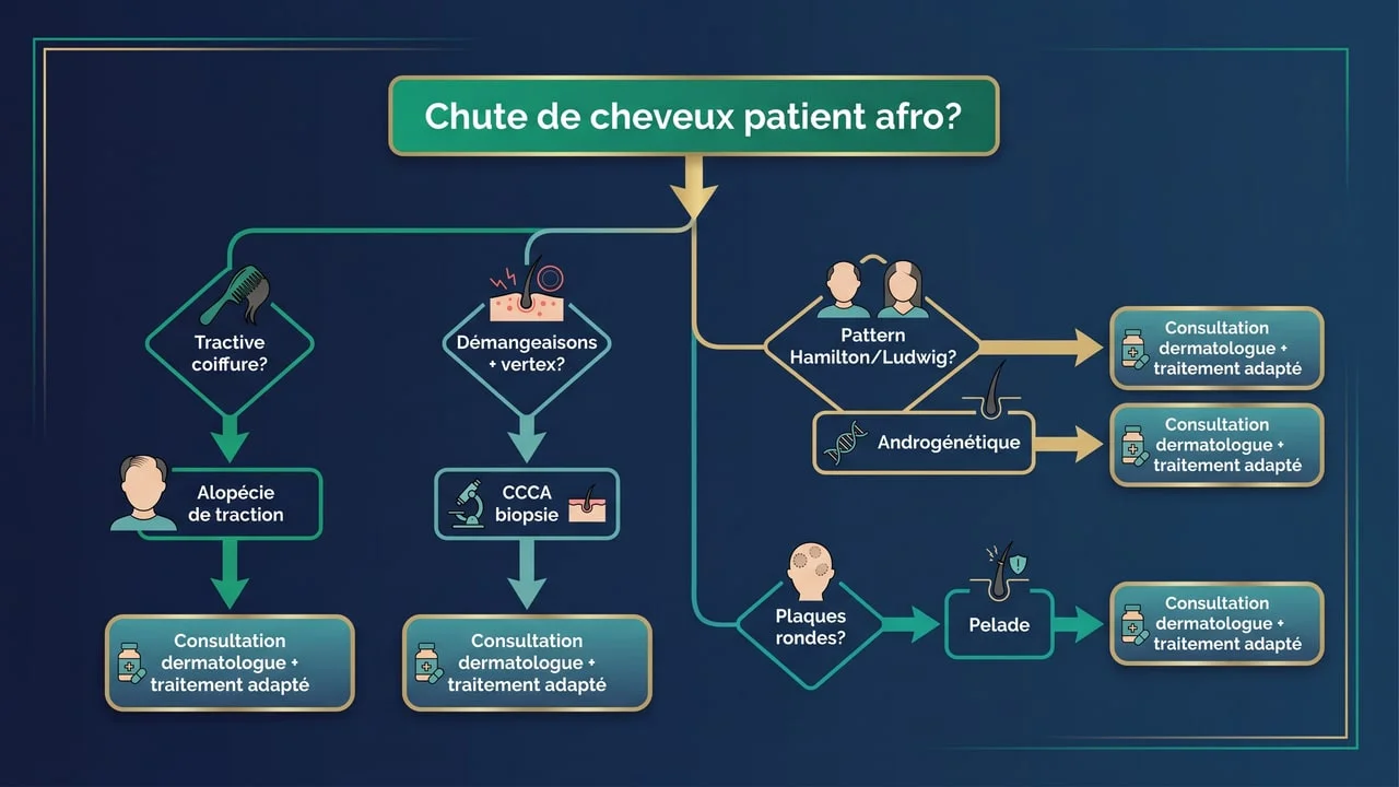 Schéma d'orientation : coiffures qui tirent, démangeaisons au sommet, calvitie héréditaire ou plaques rondes, chaque piste menant à une consultation dermatologique