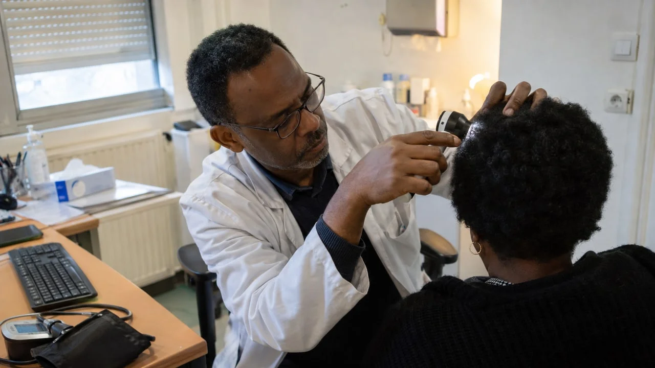 Dermatologue examinant au dermatoscope le cuir chevelu d'une patiente aux cheveux crépus