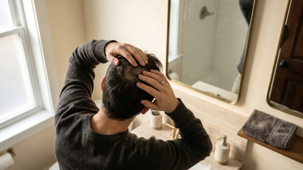 Jeune homme d’une vingtaine d’années examinant sa ligne frontale qui recule et son sommet de crâne qui se dégarnit
