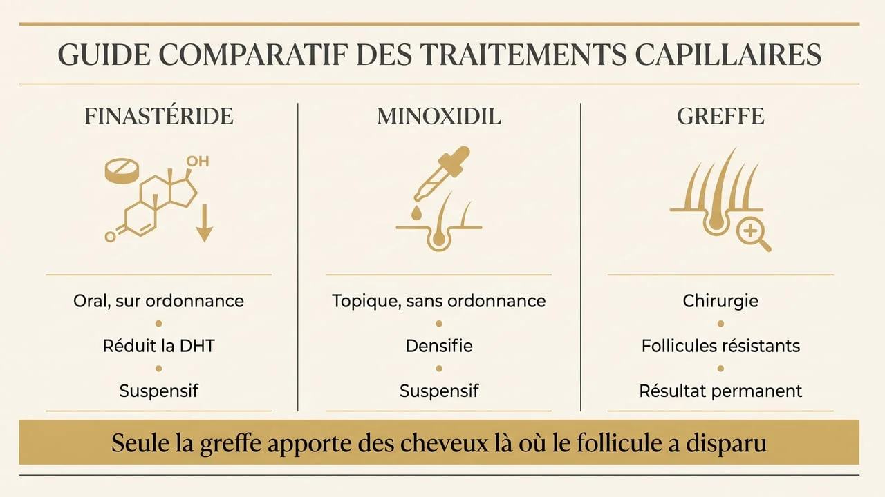 Tableau comparatif du finastéride, du minoxidil et de la greffe de cheveux dans l’alopécie androgénétique du jeune homme