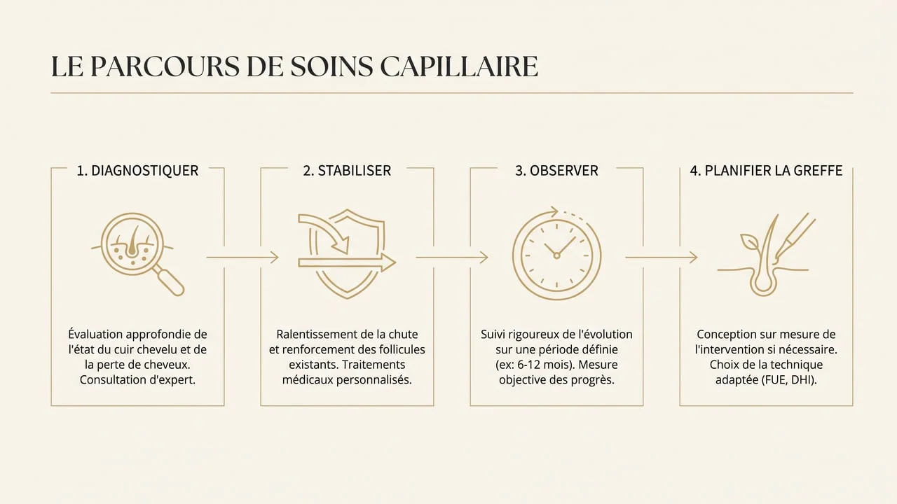 Infographie de la séquence recommandée pour un jeune homme : diagnostiquer, stabiliser, observer, puis planifier la greffe