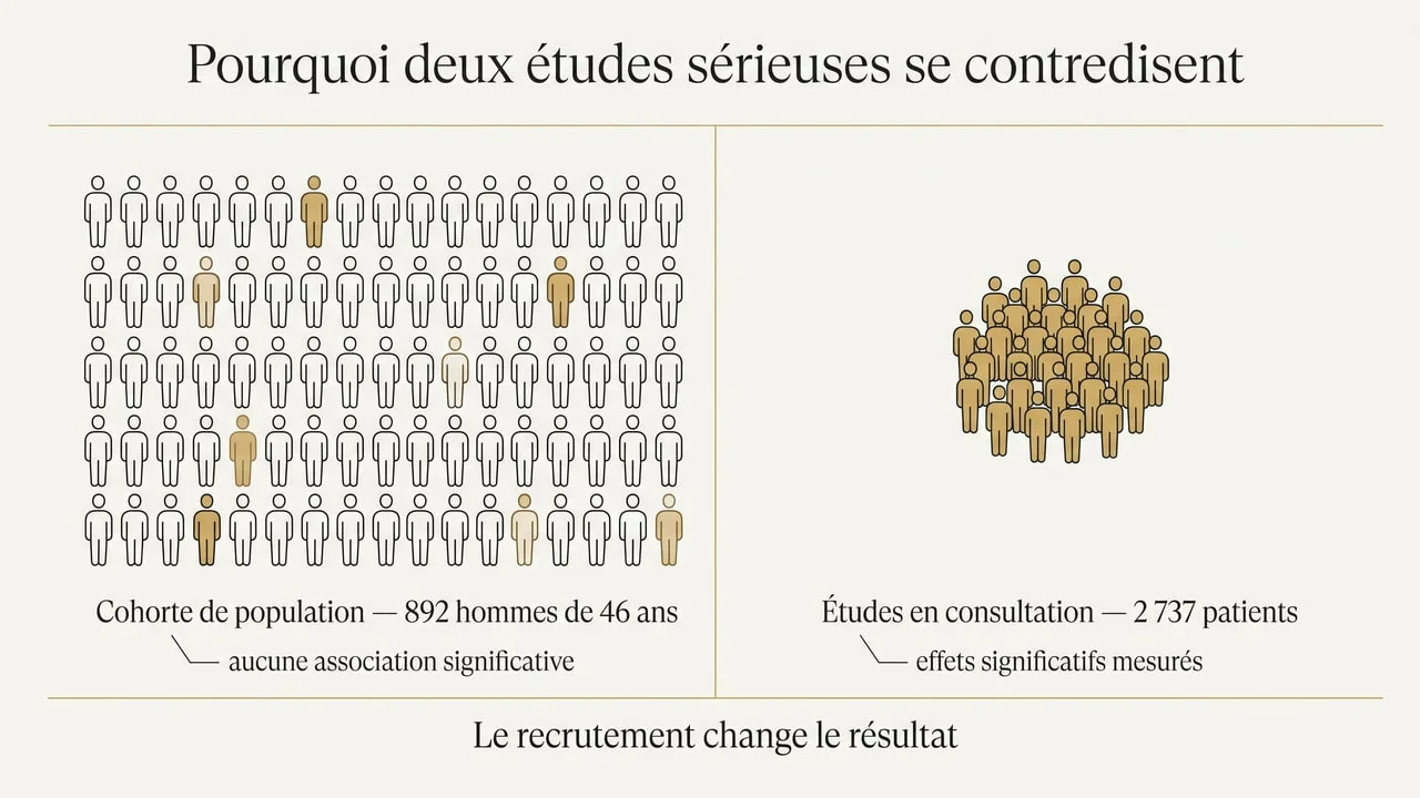 Schéma expliquant pourquoi une cohorte de population de 892 hommes ne trouve aucune association alors que les études menées en consultation sur 2 737 patients mesurent des effets significatifs