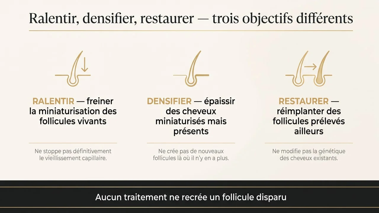 Infographie distinguant trois objectifs face à la calvitie — ralentir la miniaturisation, densifier des cheveux affaiblis, restaurer par réimplantation — et rappelant qu'aucun traitement ne recrée un follicule disparu