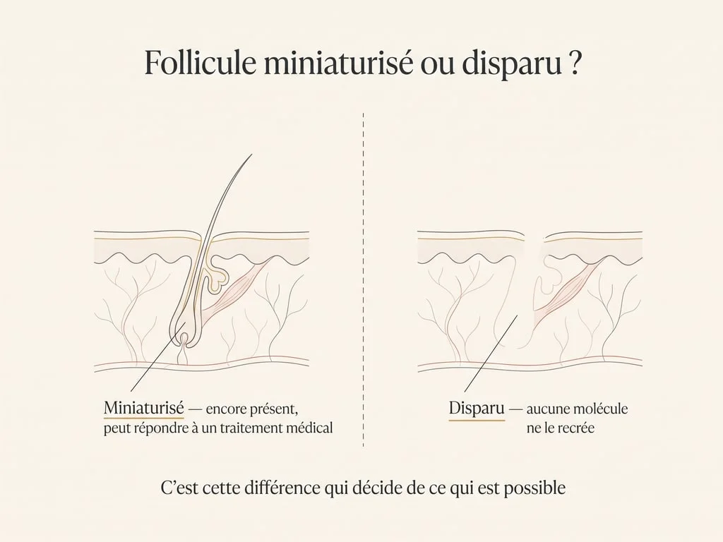 Schéma comparant un follicule miniaturisé encore présent, susceptible de répondre à un traitement médical, et un follicule disparu qu'aucun traitement ne peut recréer