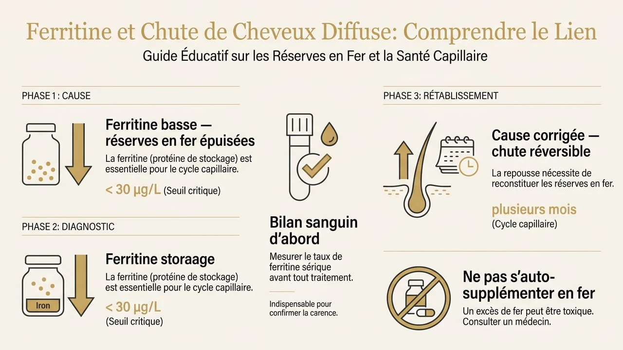 Infographie reliant une ferritine basse à une chute diffuse réversible, avec le bilan sanguin préalable et l'avertissement contre l'auto-supplémentation