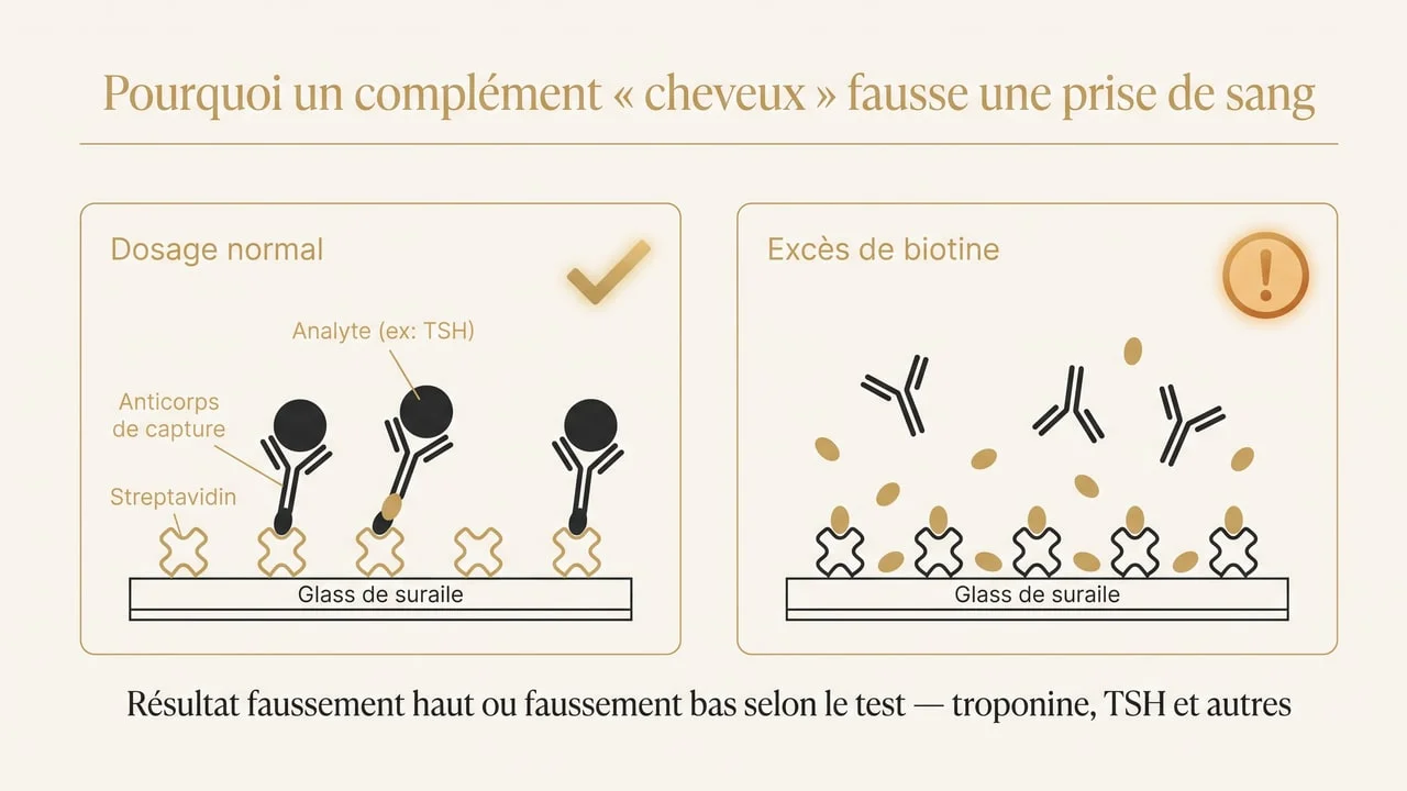 Schéma expliquant l'interférence de la biotine avec les immunodosages fondés sur le couple biotine-streptavidine, à l'origine de résultats faussement hauts ou faussement bas