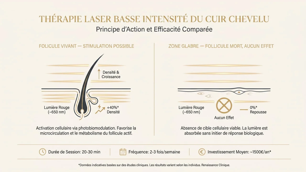 Infographie expliquant que le laser LLLT stimule un follicule vivant mais reste sans effet sur une zone glabre