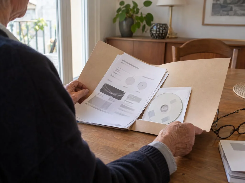 Illustration de mains ouvrant un dossier de soins sans données lisibles
