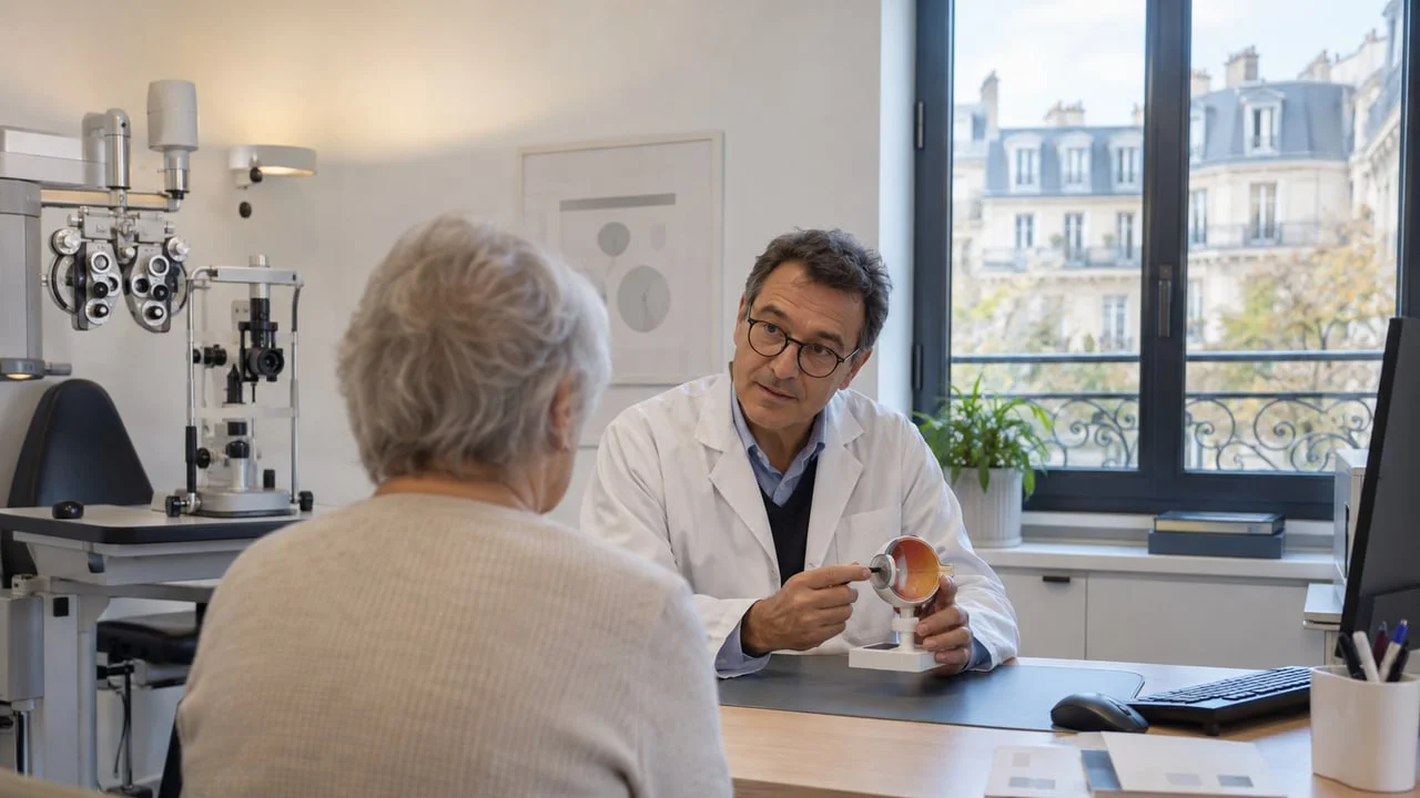 Illustration d’une consultation ophtalmologique avec une personne vue de dos