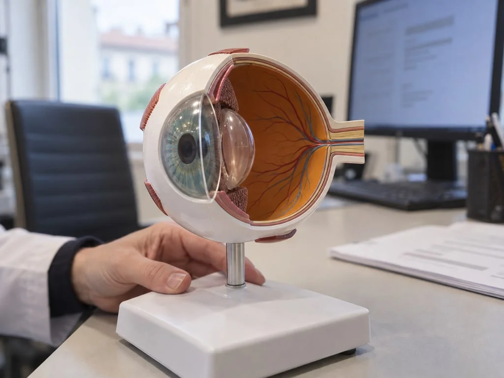 Illustration d’un modèle pédagogique de l’œil sur un bureau