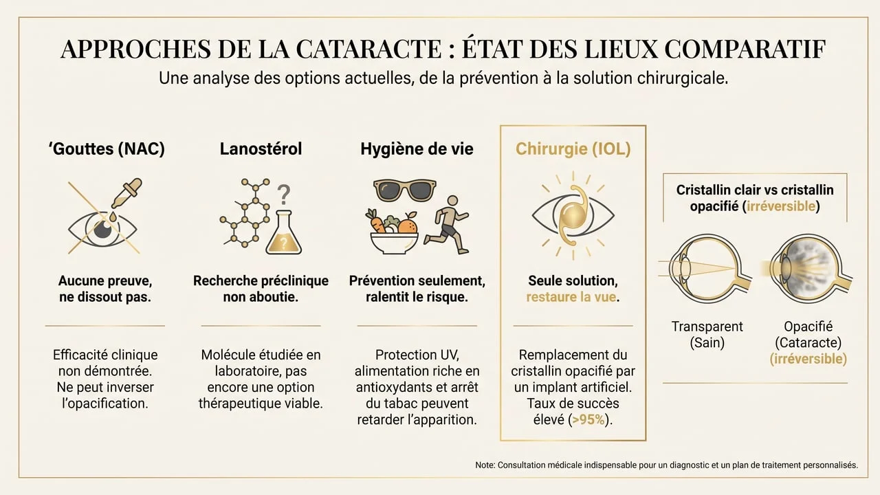 Infographie comparant gouttes NAC, lanostérol, hygiène de vie et chirurgie de la cataracte, avec un cristallin clair face à un cristallin opacifié irréversible.