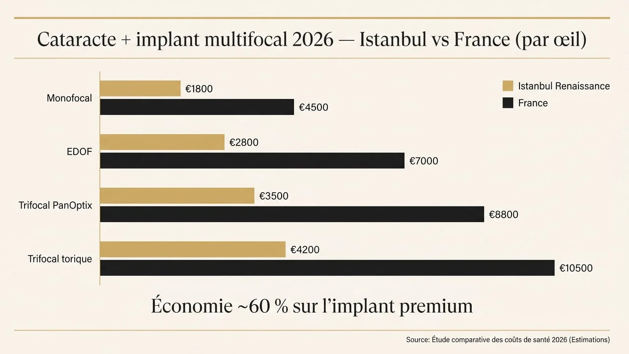 Comparatif prix cataracte avec implant multifocal Istanbul vs France — monofocal, EDOF, trifocal, torique par œil