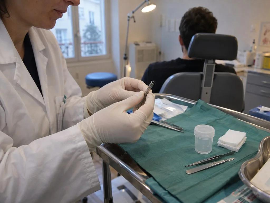 Matériel de biopsie du cuir chevelu au punch de quatre millimètres — l'examen qui dit si la maladie est encore active