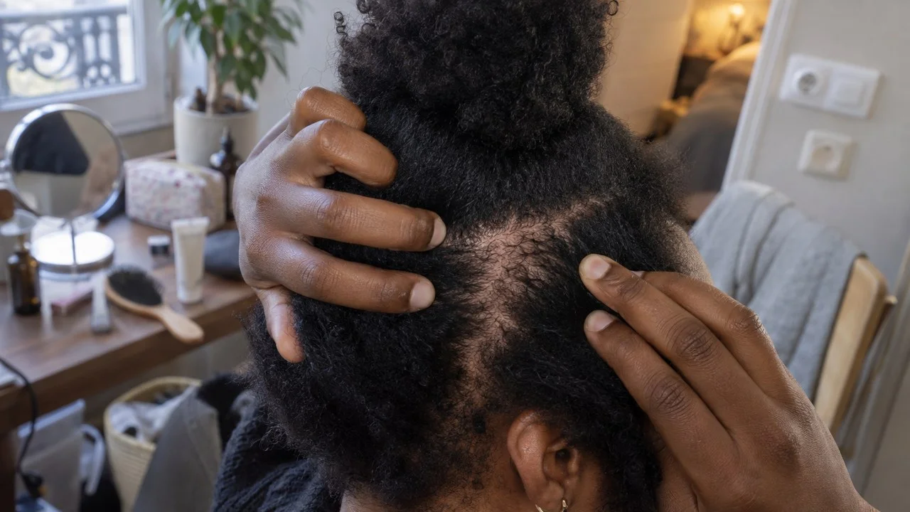 Cheveux cassés à des longueurs inégales au sommet du crâne — le premier signe décrit, souvent des années avant la plaque