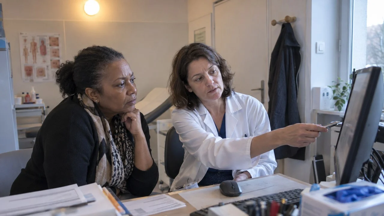Dermatologue expliquant à sa patiente ce que montre l'examen — l'objectif annoncé est l'arrêt de la progression, pas la repousse