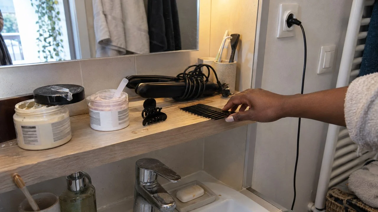Produits de lissage et fer chauffant sur une étagère de salle de bains — la cause longtemps tenue pour unique de la maladie