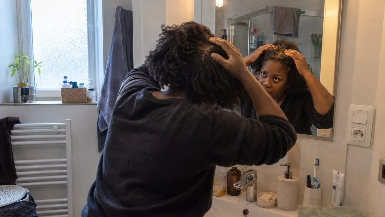 Femme afro-descendante examinant le sommet de son crâne devant un miroir — la zone où débute l'alopécie centrale centrifuge cicatricielle