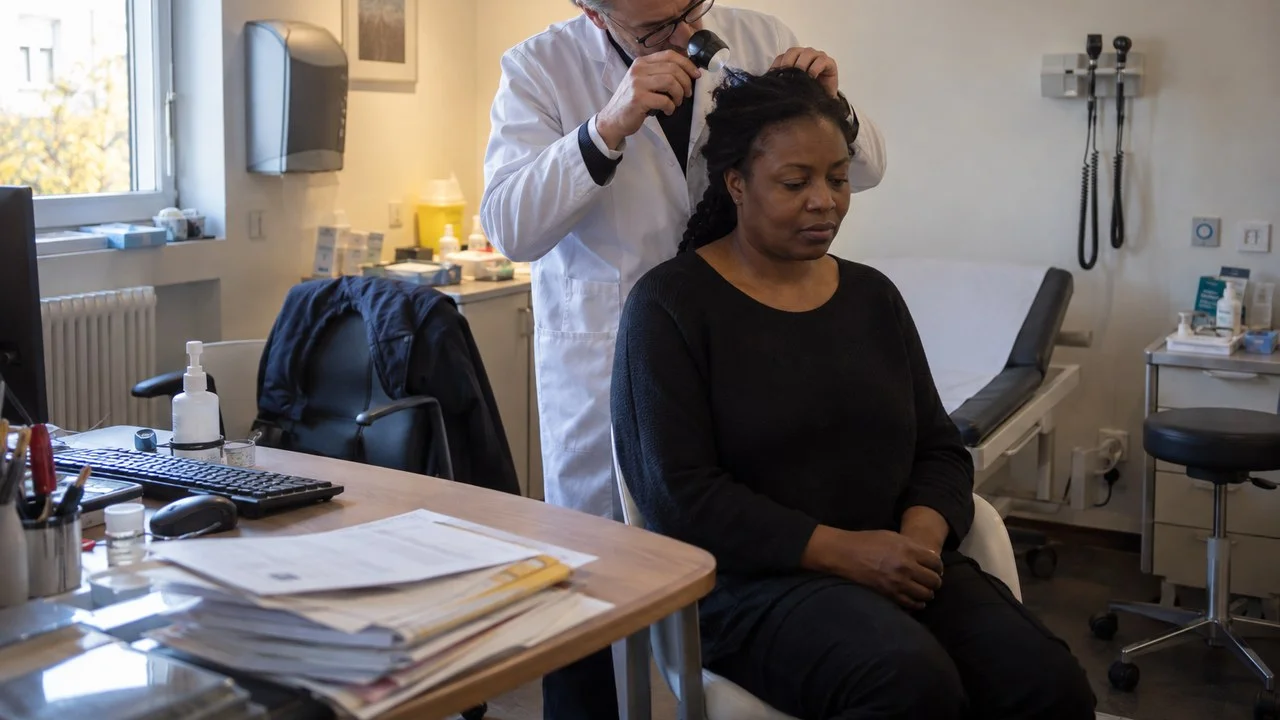 Examen au dermatoscope du sommet du crâne — c'est là que se voit le halo blanc-gris péripilaire