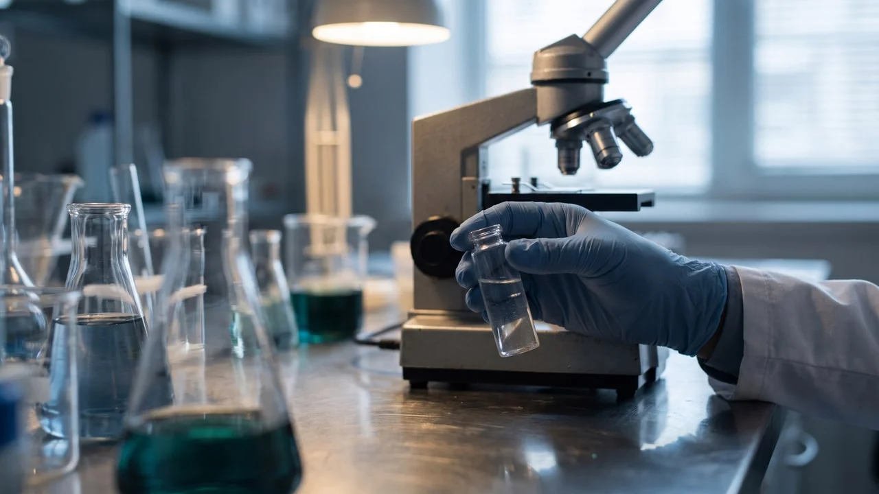 Fiole et microscope en laboratoire, évoquant le caractère encore expérimental de la thérapie par cellules souches pour les cheveux