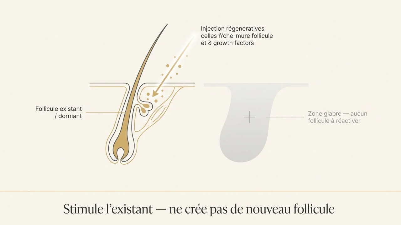 Schéma : la thérapie cellulaire stimule des follicules existants ou dormants mais ne crée pas de follicule sur une zone glabre