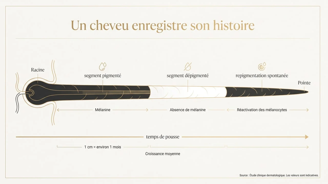Infographie montrant une tige de cheveu dont la pigmentation varie sur sa longueur, avec un segment blanc suivi d'une repigmentation spontanée