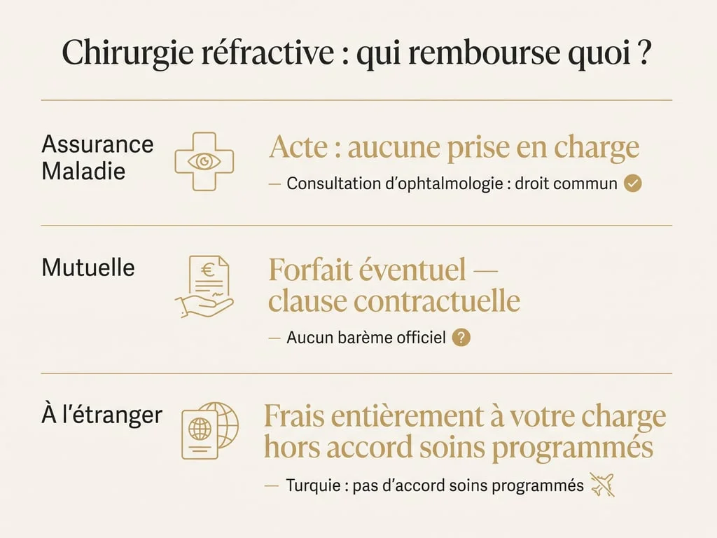 Infographie récapitulant la prise en charge de la chirurgie réfractive par l'Assurance Maladie, la mutuelle et à l'étranger