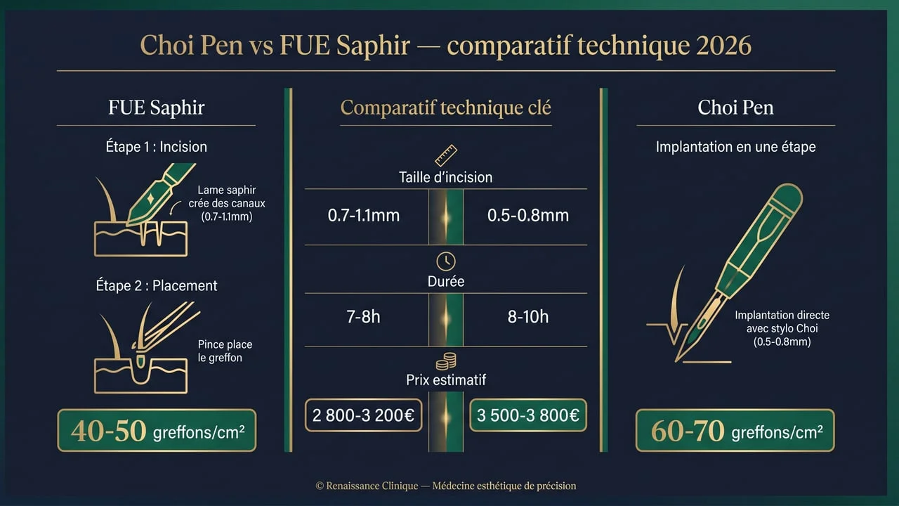 Choi Pen vs FUE Saphir : comparatif technique détaillé 2026