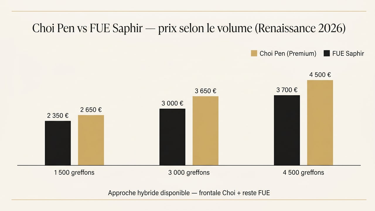 Comparatif prix Choi Pen vs FUE Saphir selon volume — 1 500, 3 000, 4 500 grafts Renaissance Istanbul 2026