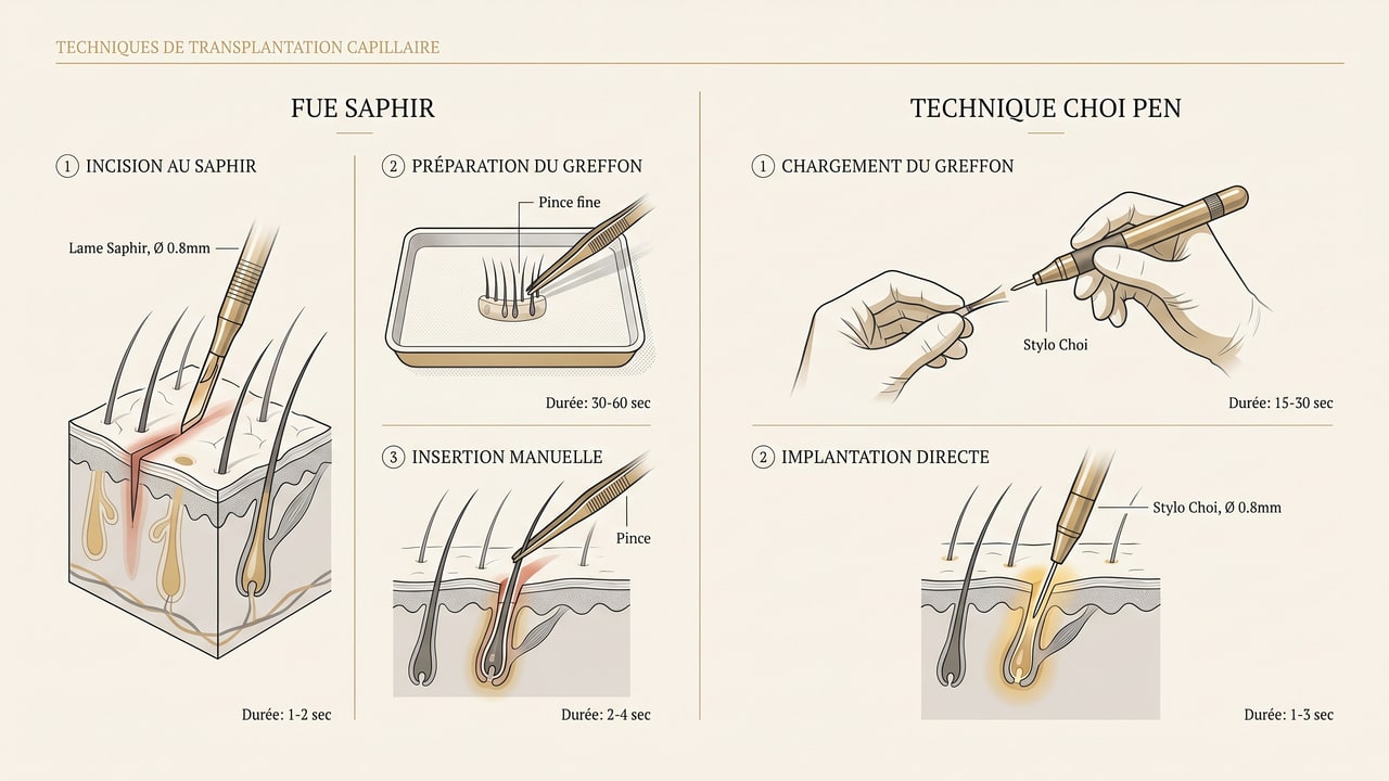 Protocoles détaillés FUE Saphir (3 étapes incision + pince) vs Choi Pen Technique (incision-implantation simultanées)