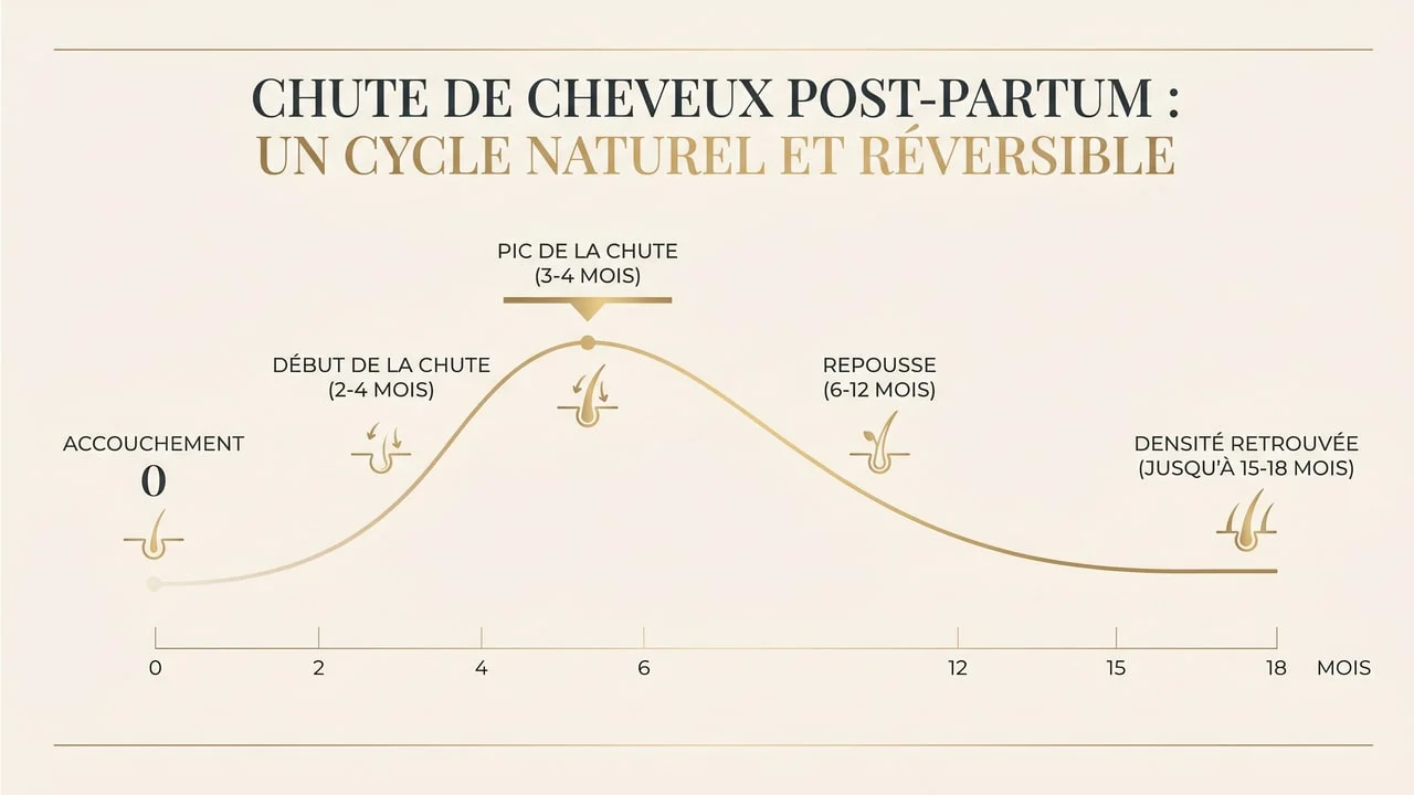 Infographie chronologique de la chute de cheveux post-partum montrant le pic à 3-4 mois et la repousse en 6 à 12 mois