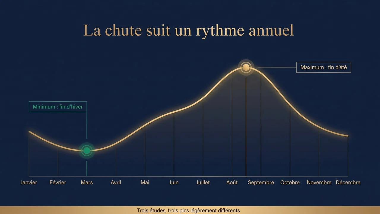 Infographie représentant la courbe annuelle de la chute de cheveux, avec un minimum en fin d'hiver et un maximum entre la fin de l'été et le début de l'automne