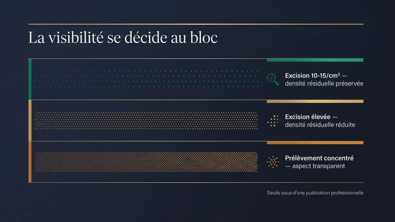 Infographie montrant trois niveaux de densité d'excision dans la zone donneuse et leur effet sur la visibilité des cicatrices punctiformes, de l'excision sûre de 10 à 15 par cm² jusqu'au prélèvement concentré donnant un aspect transparent