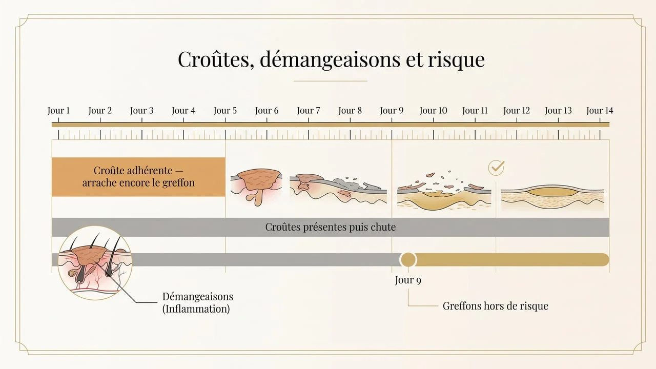 Frise chronologique du premier au quatorzième jour après une greffe montrant la période où une croûte adhérente arrache encore le greffon jusqu'au cinquième jour, la présence puis la chute des croûtes, et le neuvième jour où les greffons ne sont plus à risque
