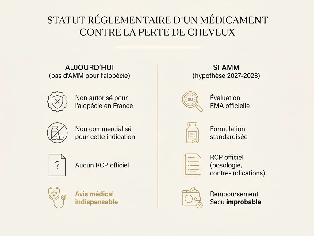 Statut réglementaire du clascotérone pour l'alopécie : situation actuelle (pas d'AMM) vs hypothèse d'une autorisation EMA 2027-2028