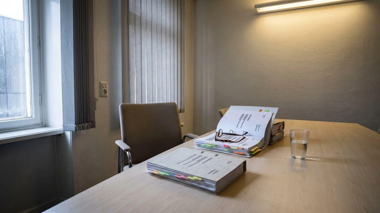 Des dossiers épais à onglets, l'un ouvert, posés sur une table de réunion institutionnelle devant une fenêtre à stores