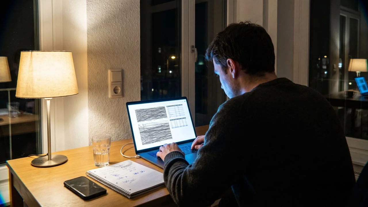 Une personne consulte tard le soir un tableau dense affiché sur l'écran d'un ordinateur portable, un carnet ouvert à côté