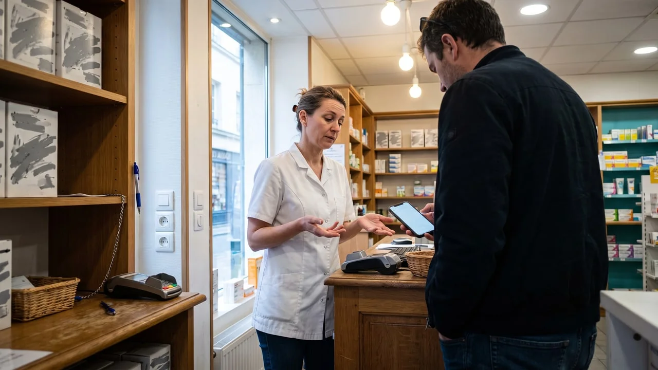 Au comptoir d'une pharmacie française, une pharmacienne fait un geste d'impuissance face à un client qui regarde son téléphone