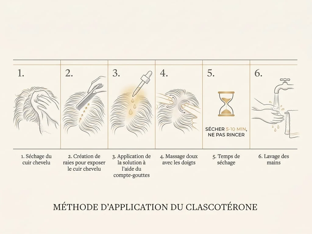 Schéma des six étapes d'application du clascotérone sur le cuir chevelu, du séchage au lavage des mains