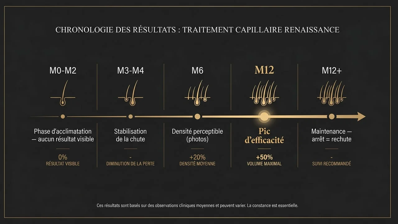Chronologie des résultats du clascotérone de M0 à M12+ : acclimatation, stabilisation, densité, pic d'efficacité, maintenance