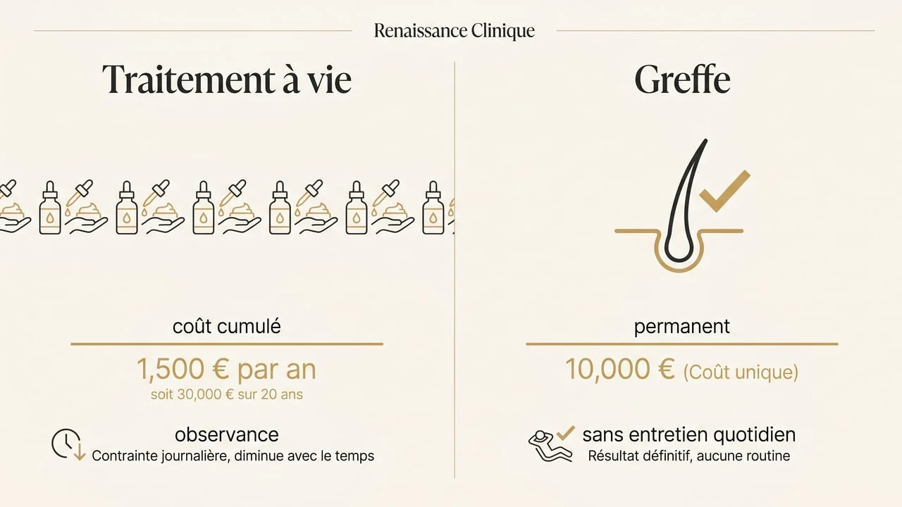 Comparaison entre un traitement à reprendre chaque jour (applications quotidiennes répétées) et une greffe de cheveux (intervention unique)