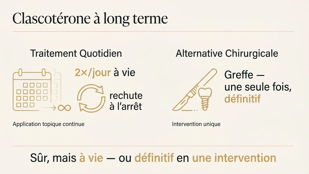 Infographie : clascotérone à long terme (traitement à vie) vs greffe de cheveux (intervention unique, définitive)