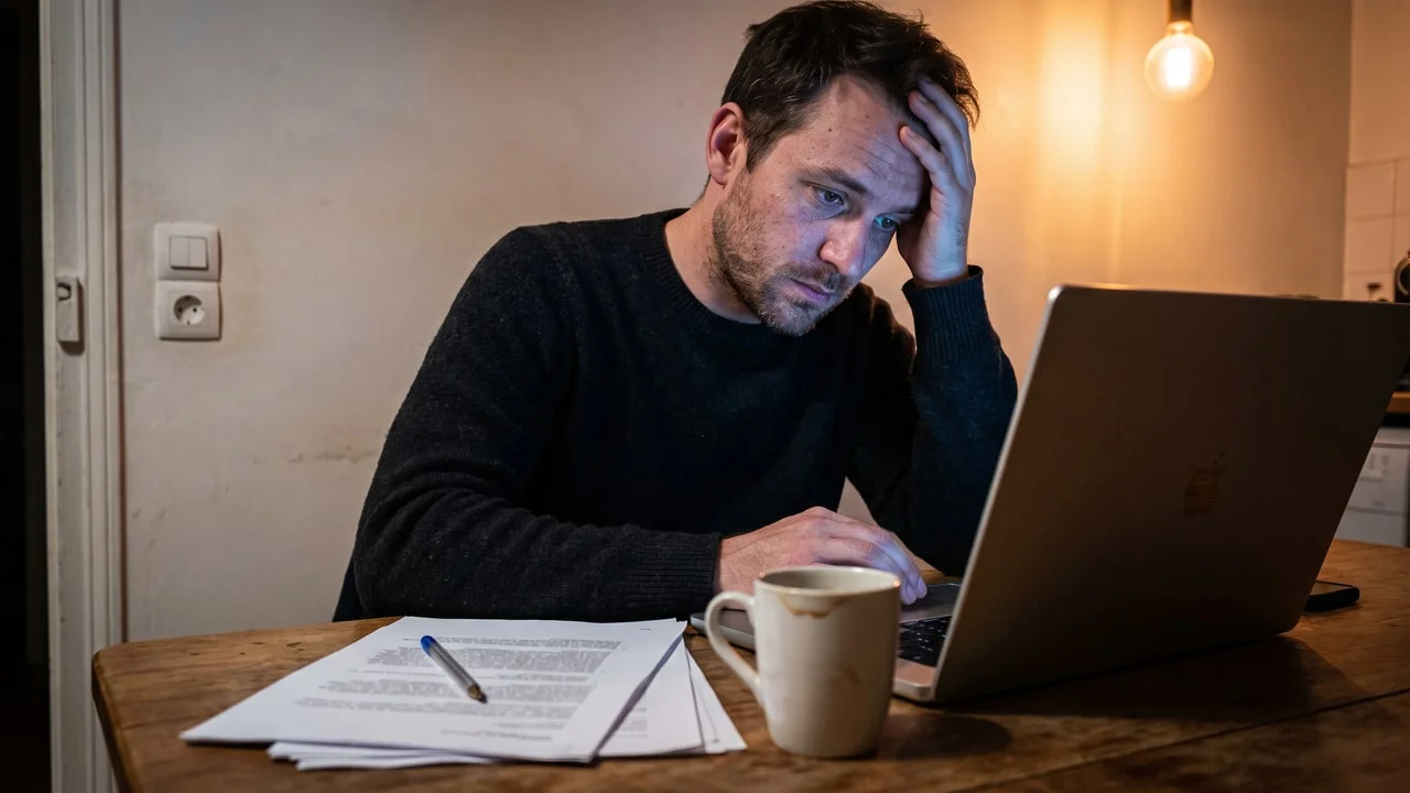 Un homme d'une trentaine d'années, seul à sa table de cuisine le soir, consulte un ordinateur portable et des feuilles imprimées d'un air dubitatif