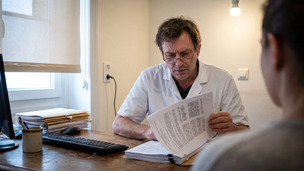 Un dermatologue lit attentivement un document réglementaire de plusieurs pages à son bureau, face à un patient vu de dos au premier plan