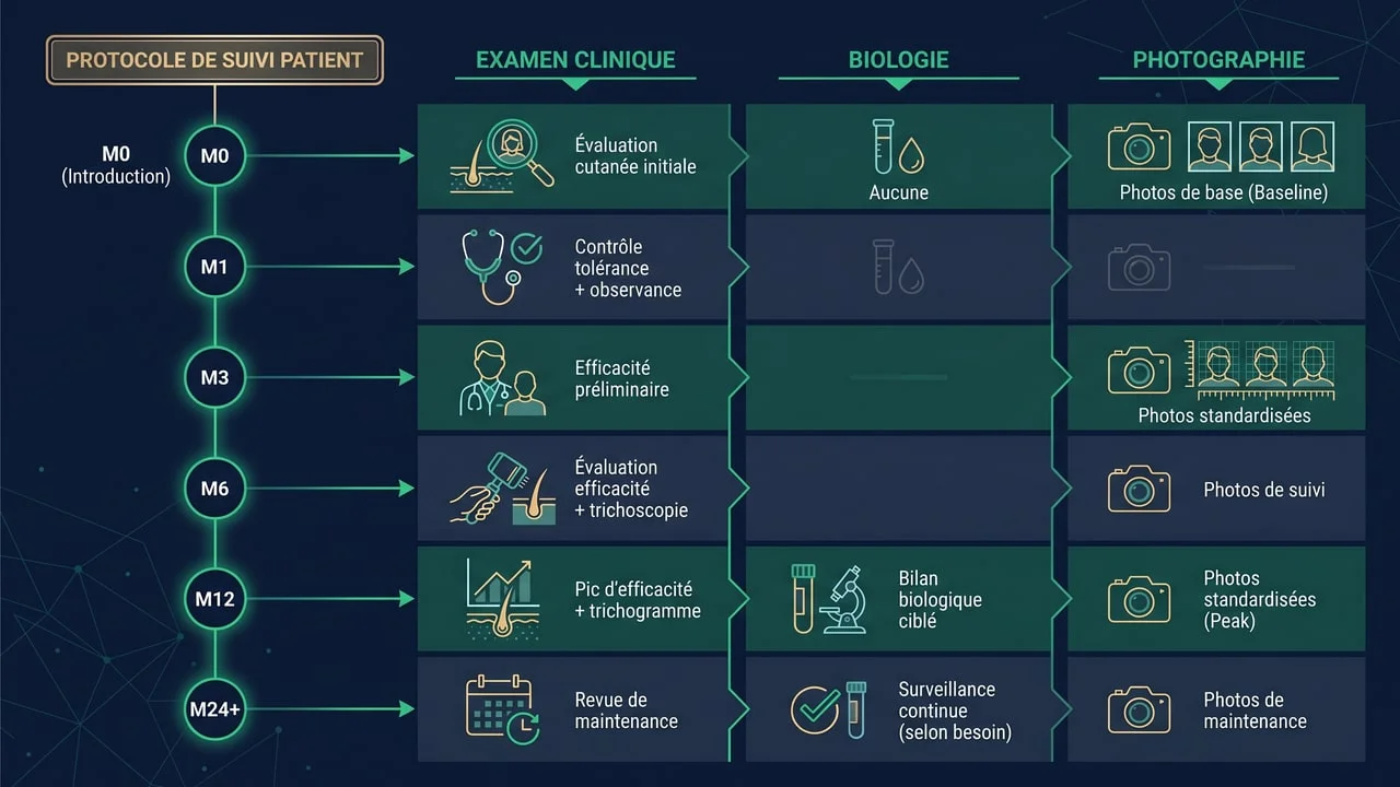 Calendrier de suivi médical type du clascotérone d'après les recommandations ISHRS 2024, de M0 à M24+ (schéma éducatif)