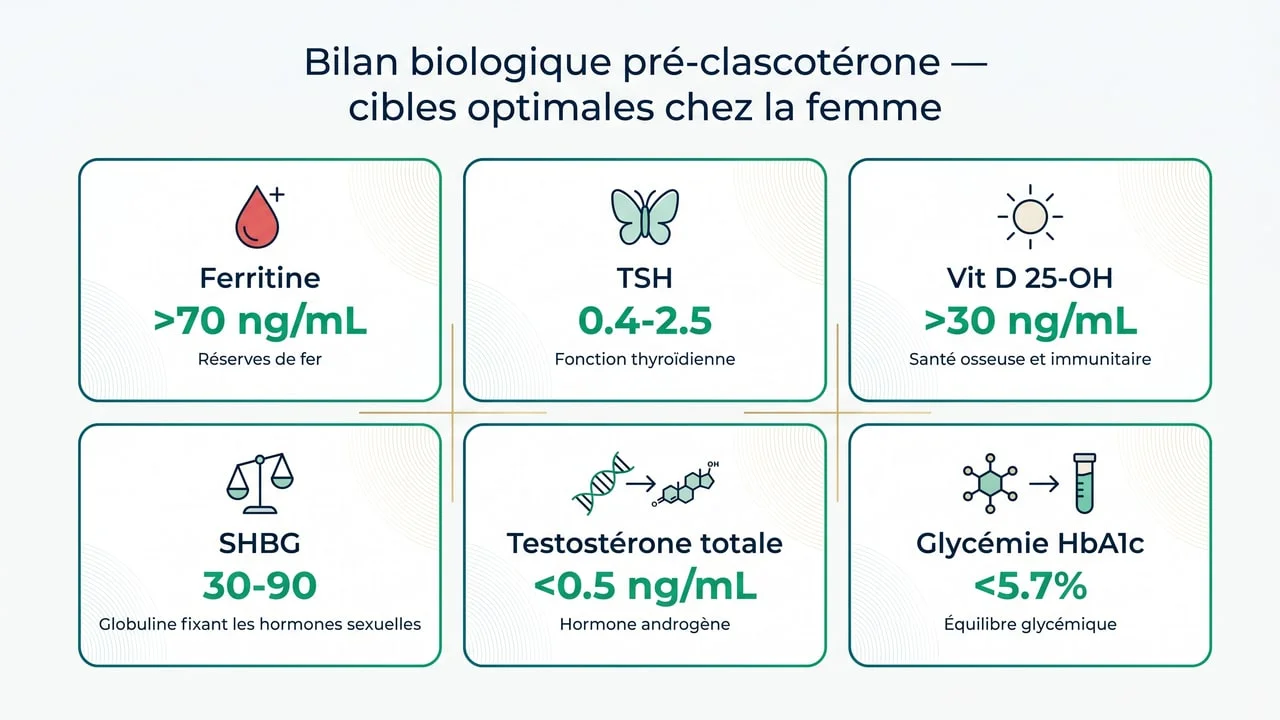 Cibles biologiques optimales avant clascotérone chez la femme : ferritine, TSH, vitamine D, SHBG, testostérone, glycémie