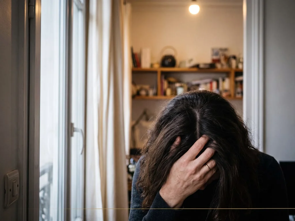 Vue de dessus de la raie centrale d'une femme, le cuir chevelu visible entre les mèches, près d'une fenêtre