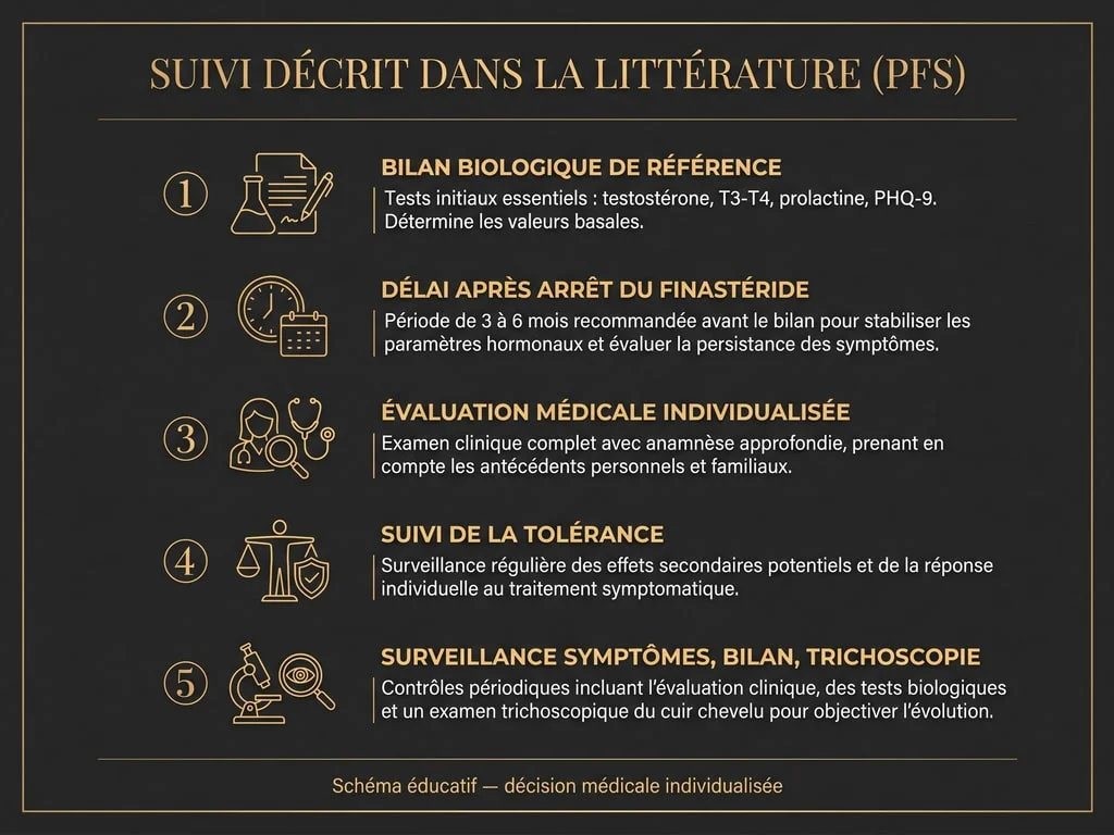 Schéma éducatif des paramètres de suivi décrits dans la littérature pour un patient avec antécédent de PFS