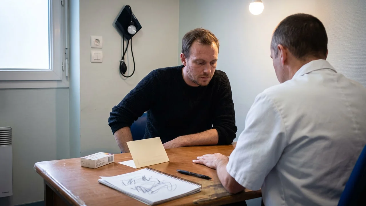 Un homme d'une trentaine d'années, penché en avant, en consultation face à un médecin ; une petite boîte de médicament et une carte d'information sont posées sur le bureau