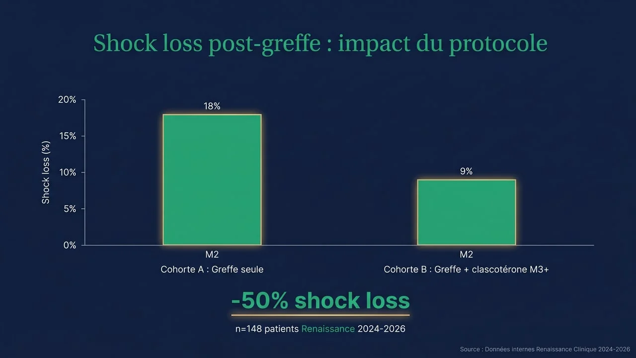 Évolution temporelle typique du shock loss après une greffe, phénomène généralement transitoire (d'après Avram 2018) — schéma éducatif