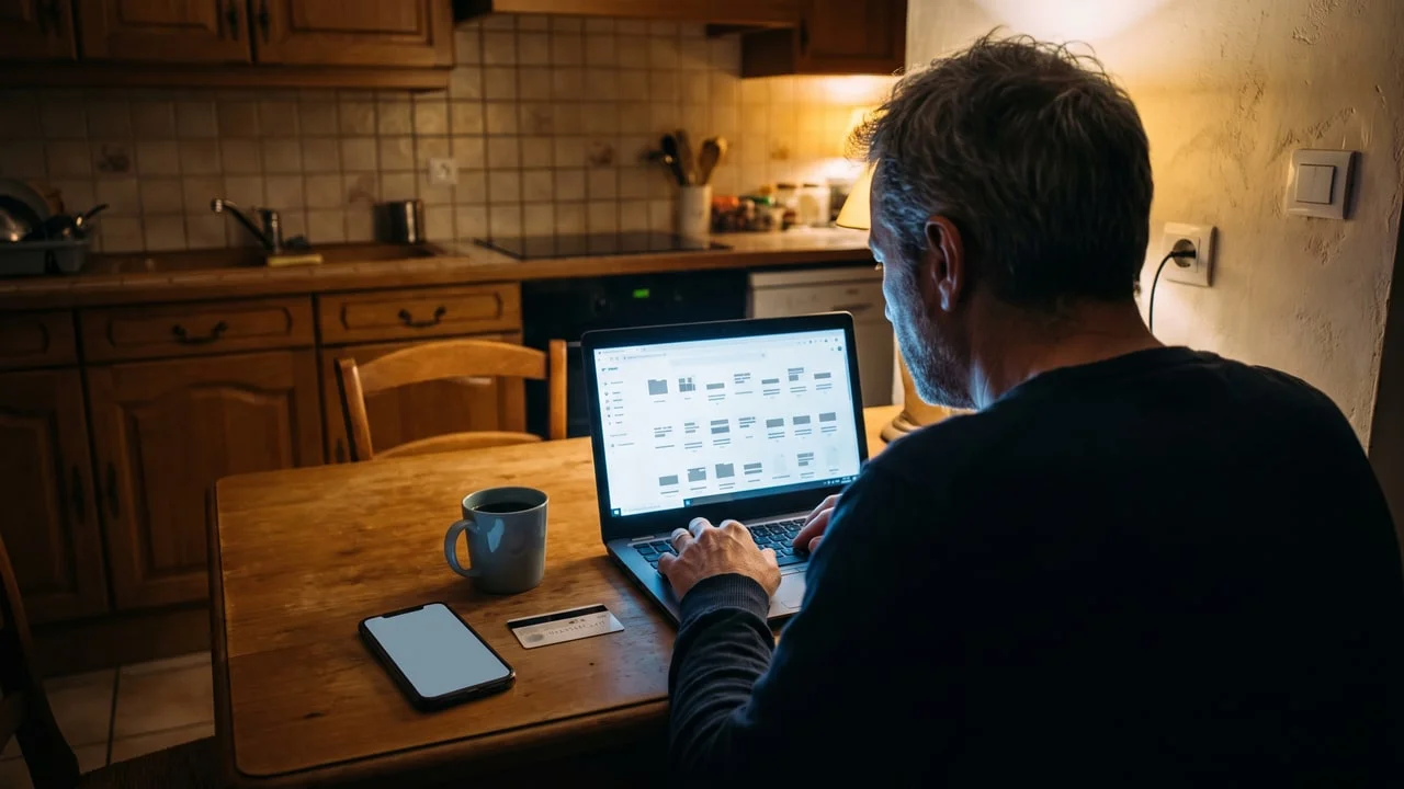 Une personne consulte tard le soir une page de boutique en ligne sur un ordinateur portable, une carte bancaire posée à côté